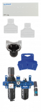 Ensemble avec platine de support, FRL avec sortie sèche, porte-outil et porte-tuyau